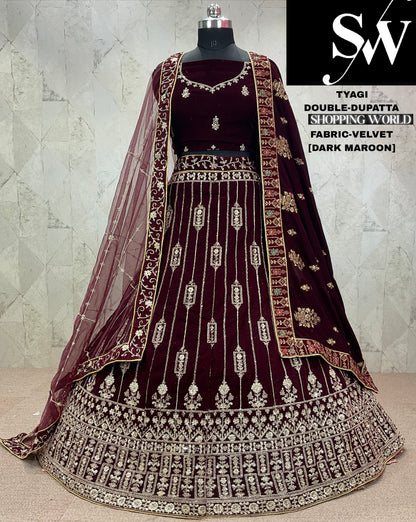 Designer dark maroon red Velvet bridal Lehenga