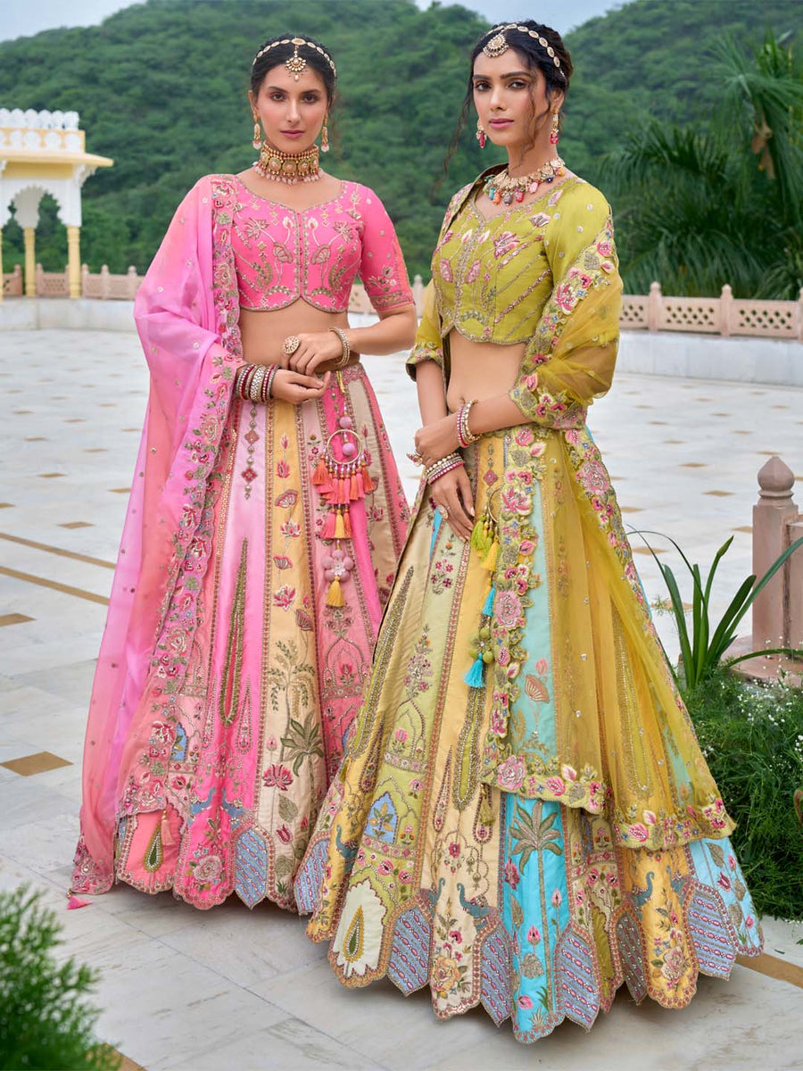 Yellow-Sky Shade Different-Kali Heavy Embroidered Cut-Work Silk Semi Stitched lehenga
