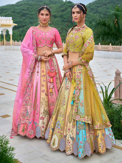 Yellow-Sky Shade Different-Kali Heavy Embroidered Cut-Work Silk Semi Stitched lehenga