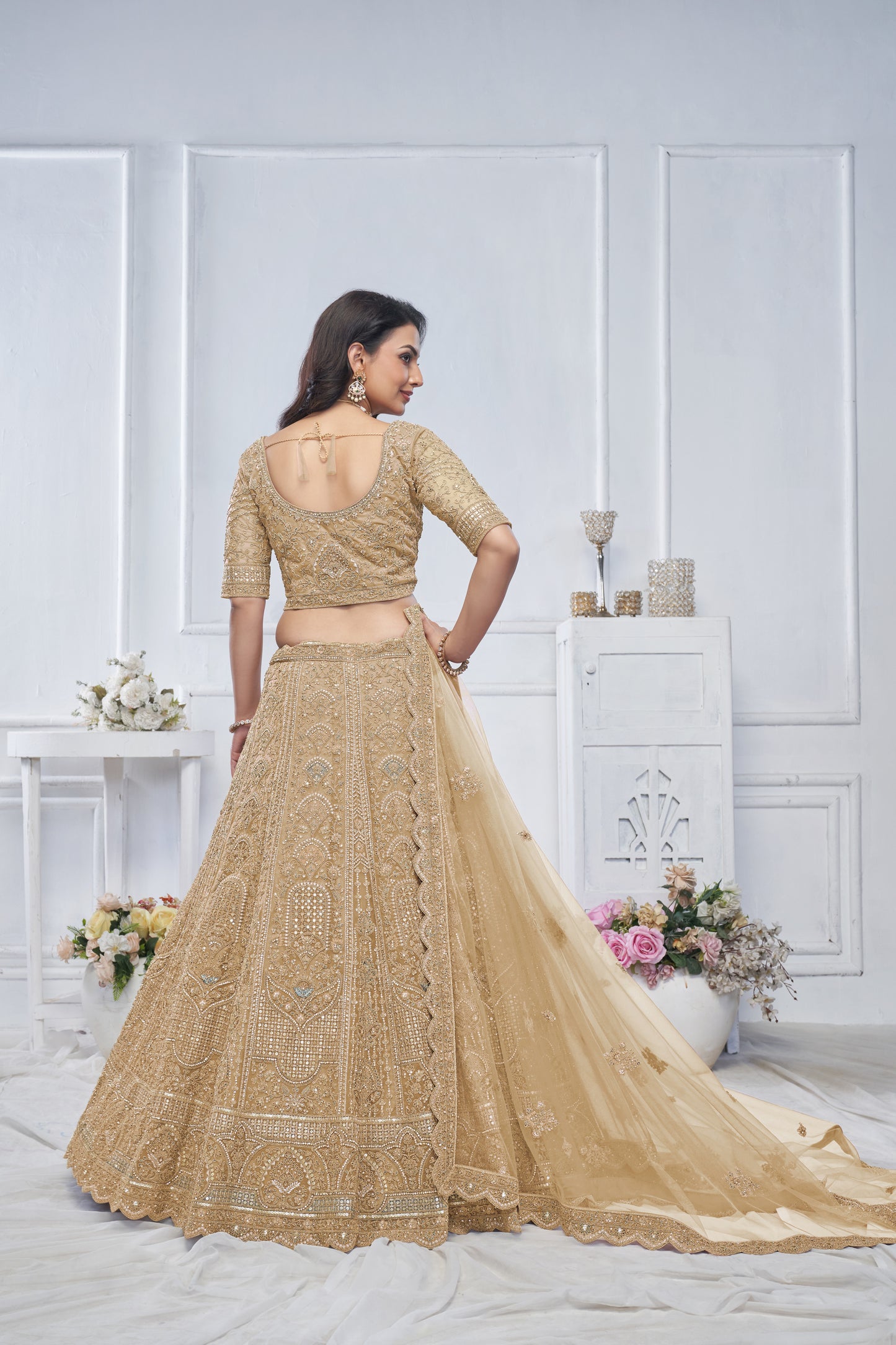 Tremendous beige light golden lehenga