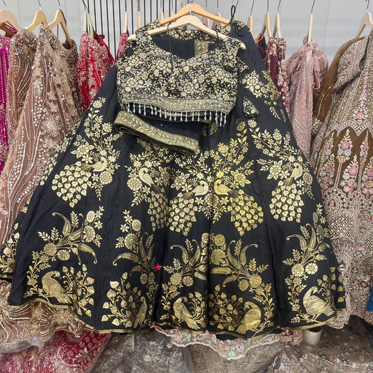 Beautiful Black golden peacock crop Top Lehenga