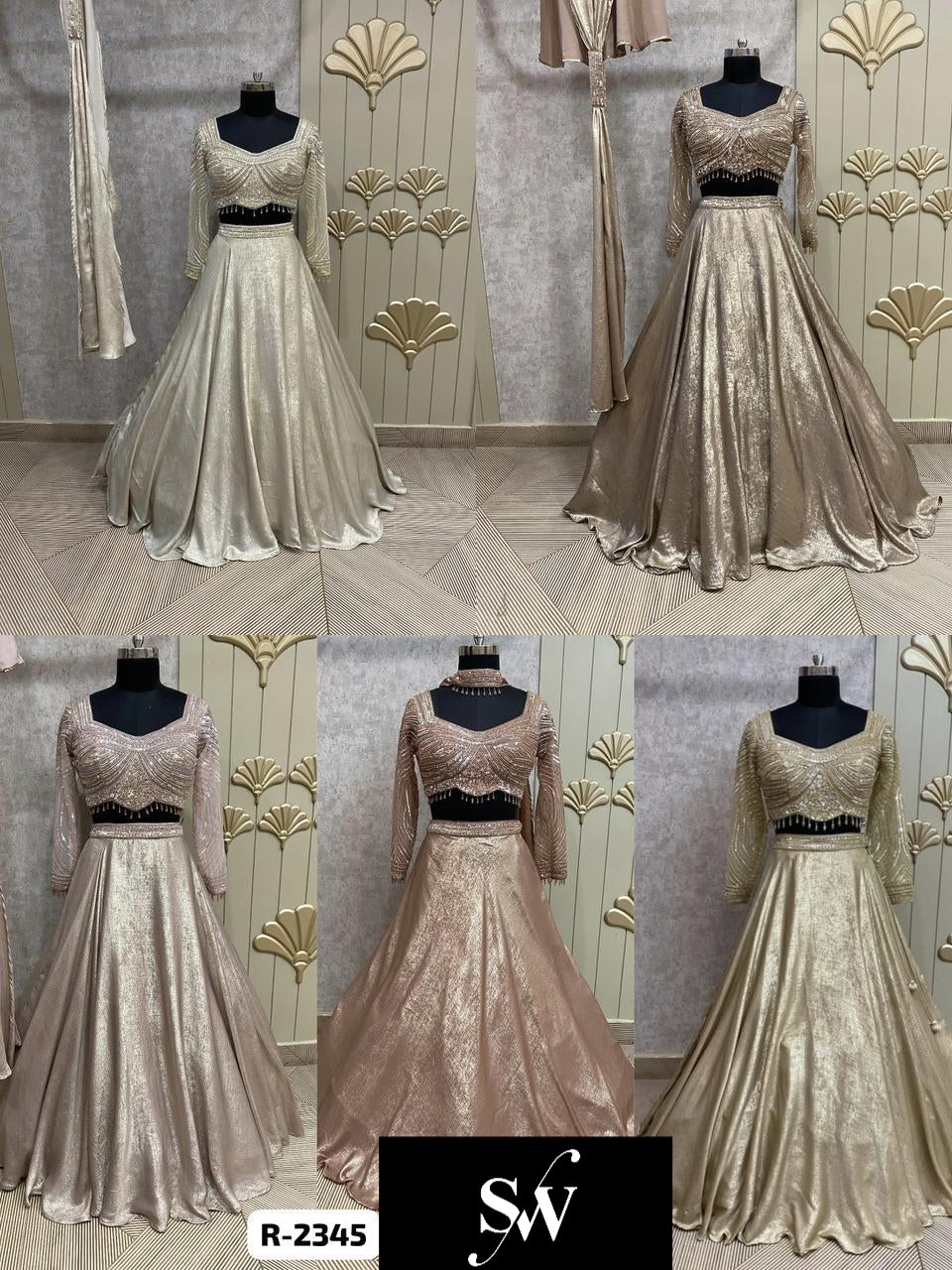 White Brown Golden Pink Crop Top Lehenga