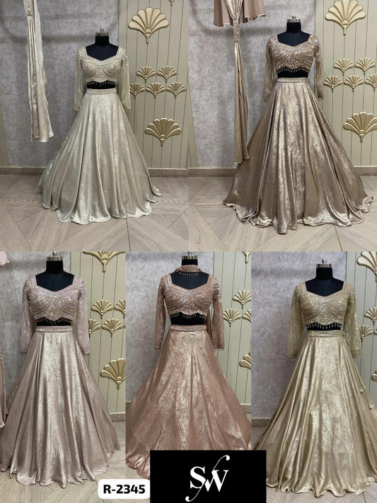 White Brown Golden Pink Crop Top Lehenga