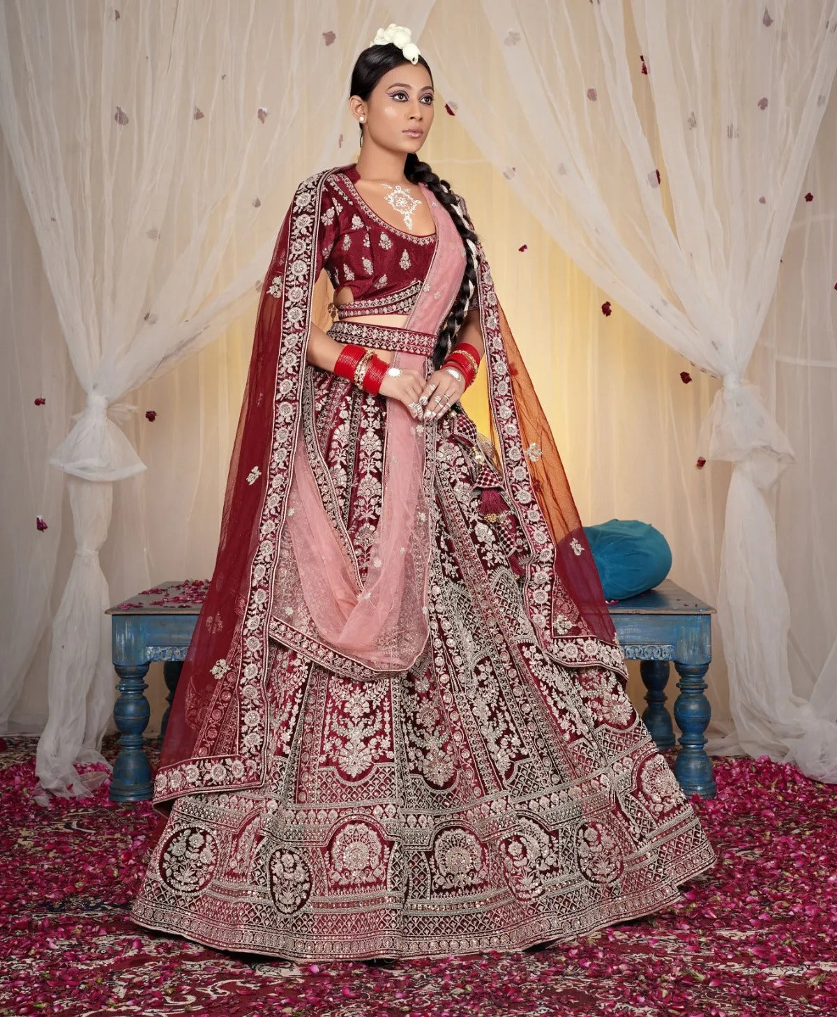 Pleasing red double duptta bridal lehenga