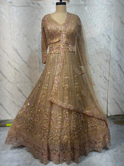 Stunning Beige Golden Crop top Lehenga