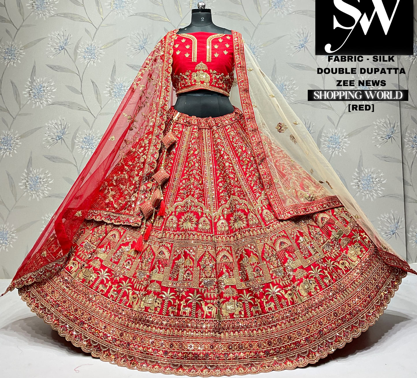 हैवी ब्राइडल रॉयल रजवाड़ा लहंगा लाल 6 मीटर फ्लेयर डबल दुपट्टा सिल्क