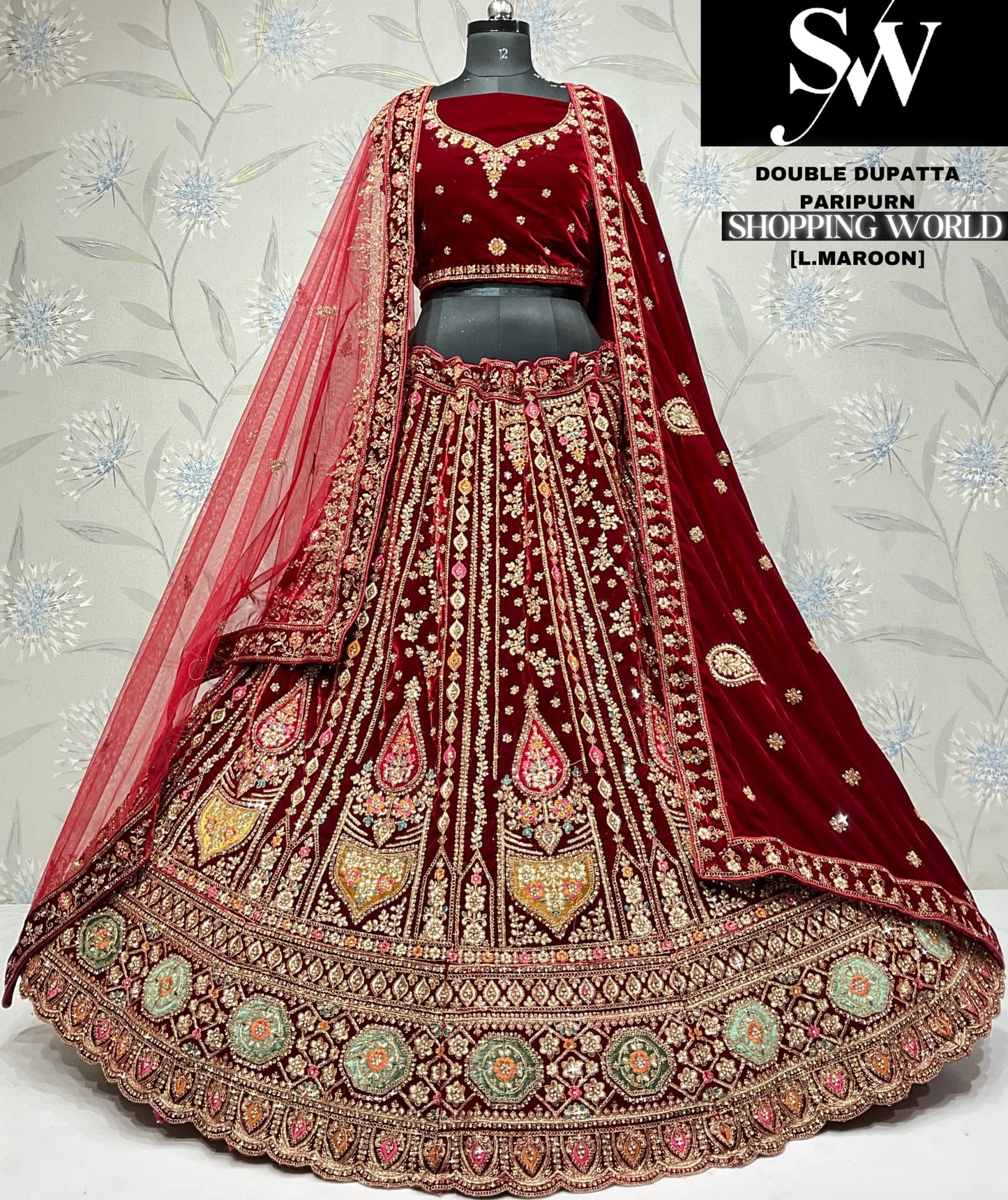 Pretty dark maroon Velvet bridal Lehenga