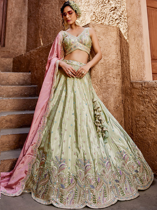 Satin Silk pink Fabric Sequins embroidery Semi-Stitched Lehenga choli & Dupatta lehenga
