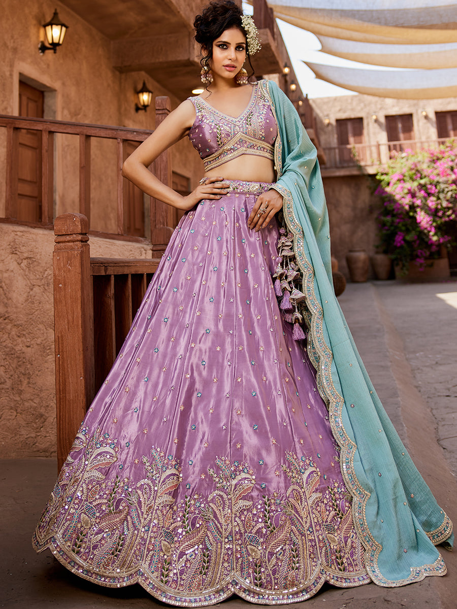 Satin Silk pink Fabric Sequins embroidery Semi-Stitched Lehenga choli & Dupatta lehenga