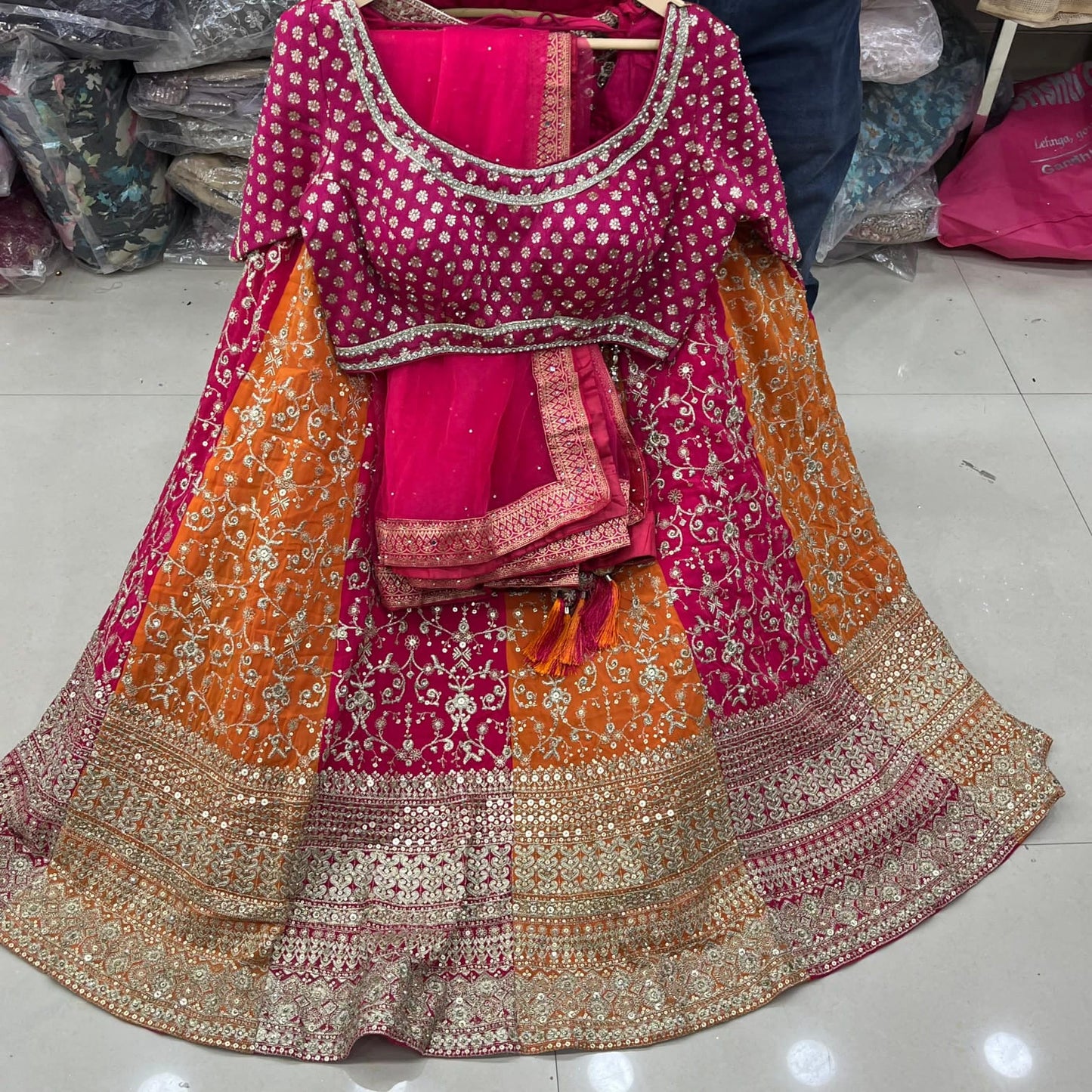 Hot Pink Orange Multikali Crop Top Lehenga