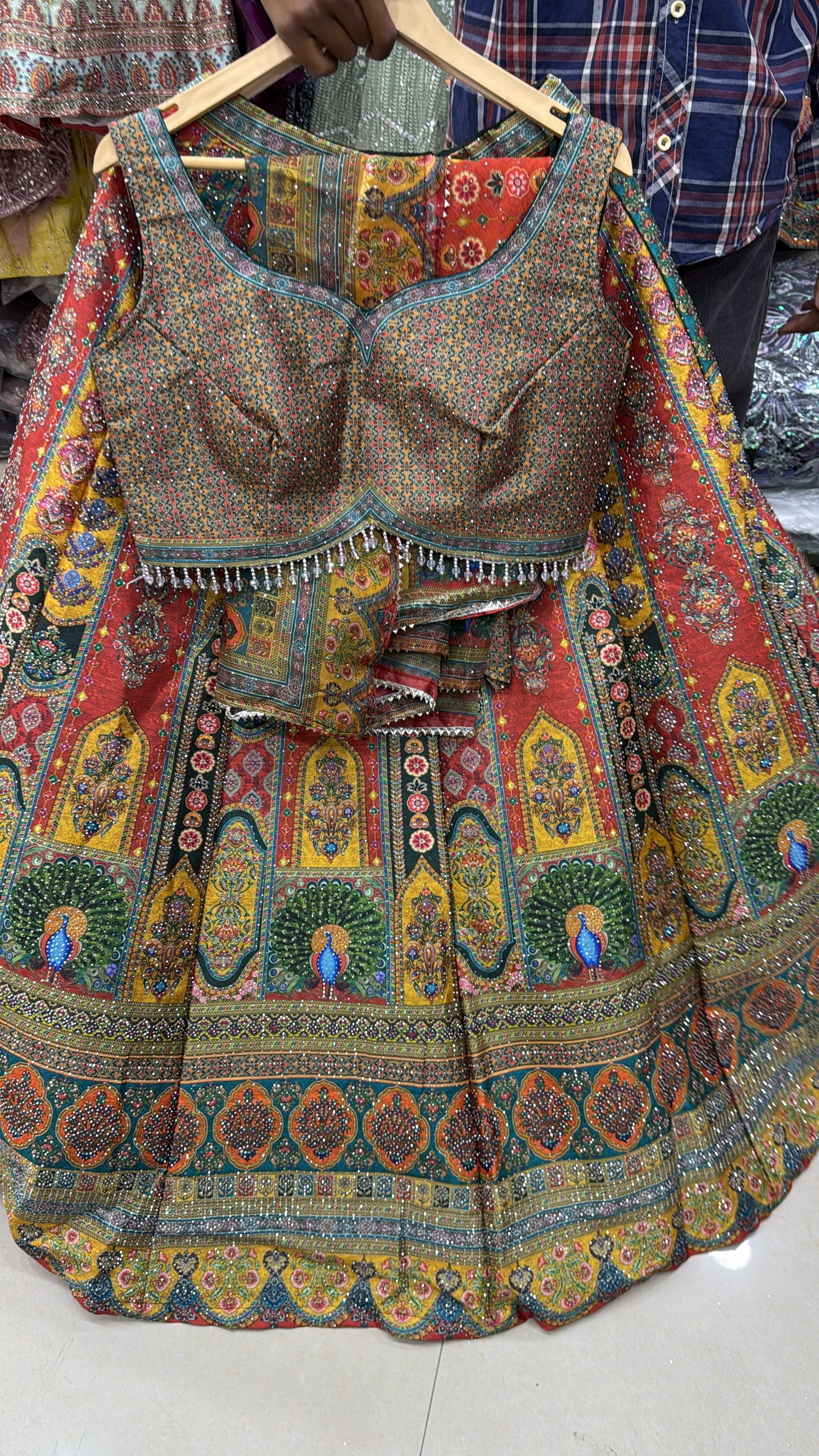 Pink Yellow Blue Double Shade Crop Top Lehenga