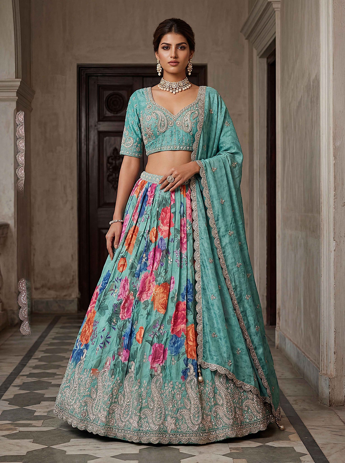 Green Tissue Fabric Bead Work Lehenga 1245