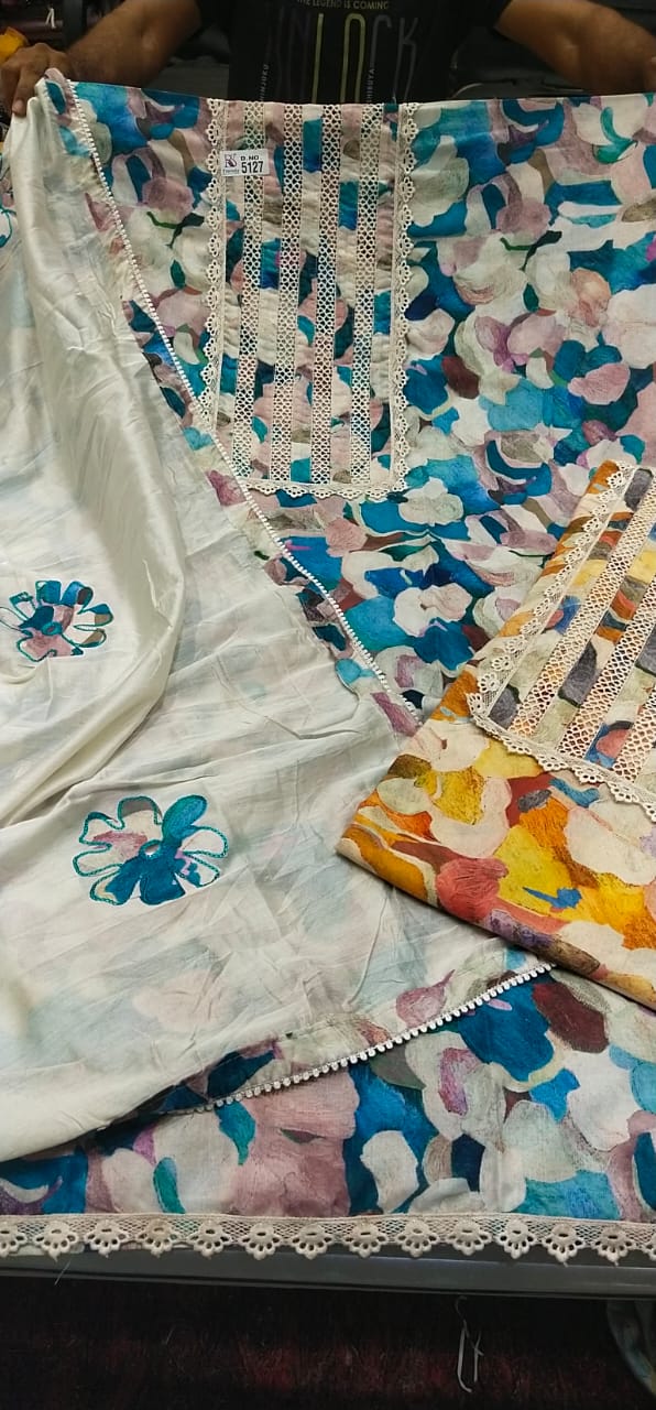 Eye catching White blue unstitched salwar suit dress material (free size)