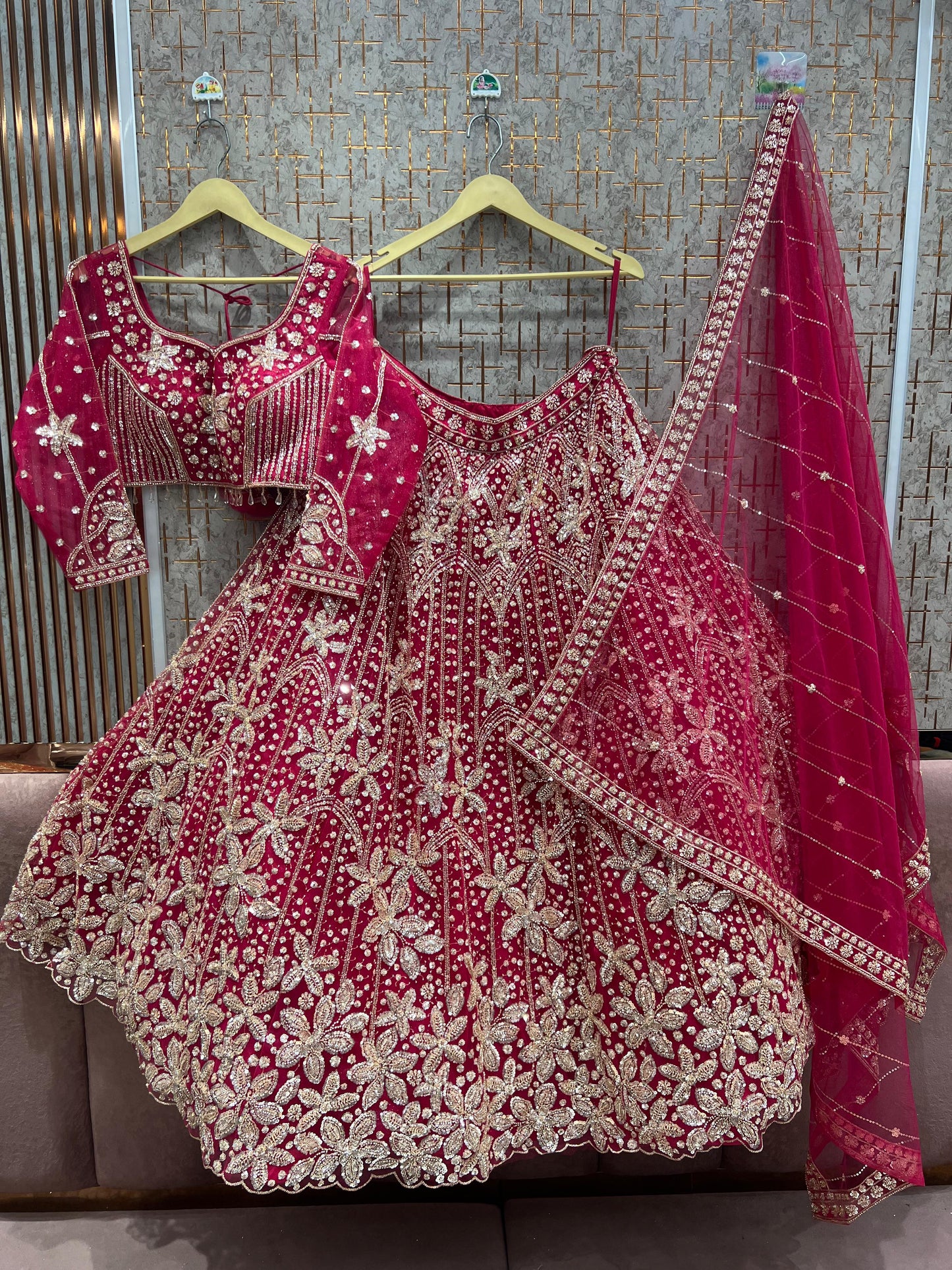 Designer Hot pink Floral Crop Top Lehenga