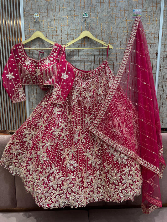 Designer Hot pink Farshi Floral Crop Top Lehenga