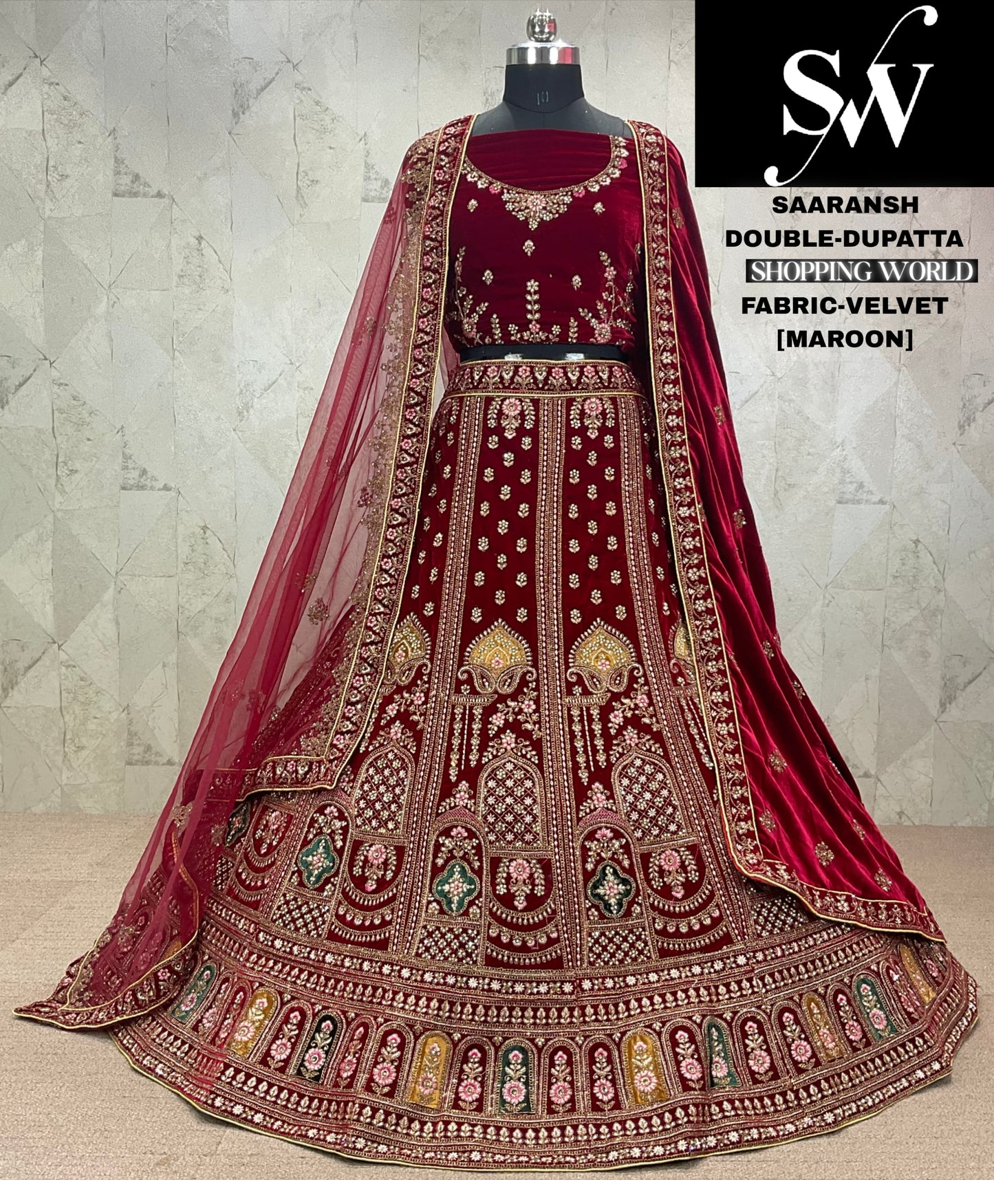 Engaging dark maroon Velvet bridal Lehenga