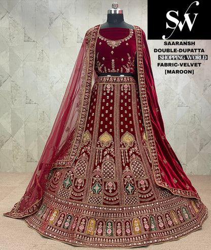 Engaging dark maroon Velvet bridal Lehenga