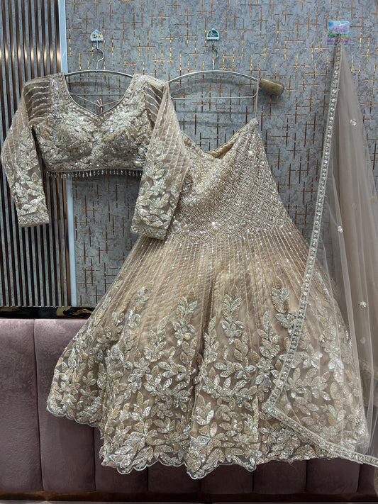 Stunning Beige golden Crop top Lehenga