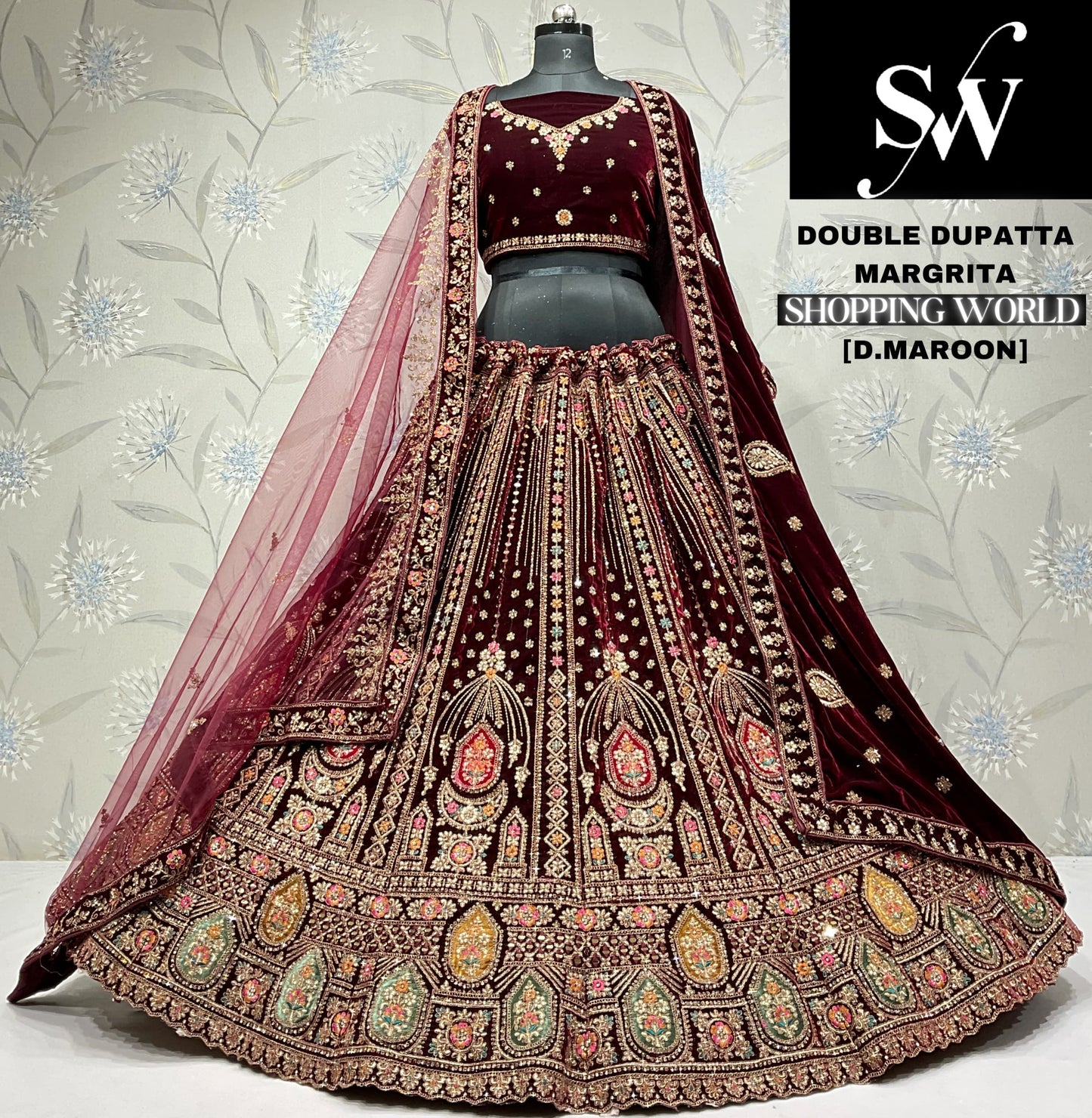 Engaging light maroon Velvet bridal Lehenga