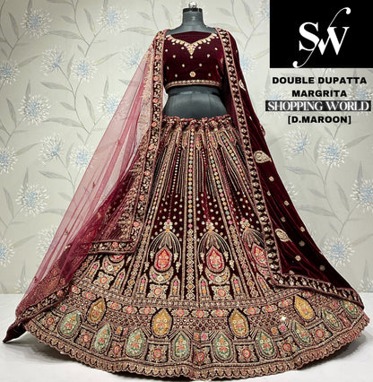 Engaging light maroon Velvet bridal Lehenga