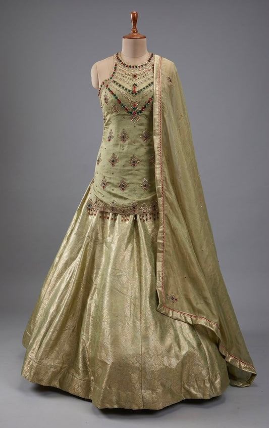 Pista Green long Crop Top Lehenga