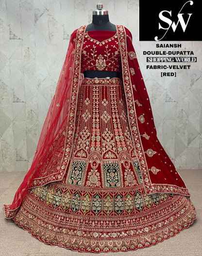 Majestic dark maroon Velvet bridal Lehenga