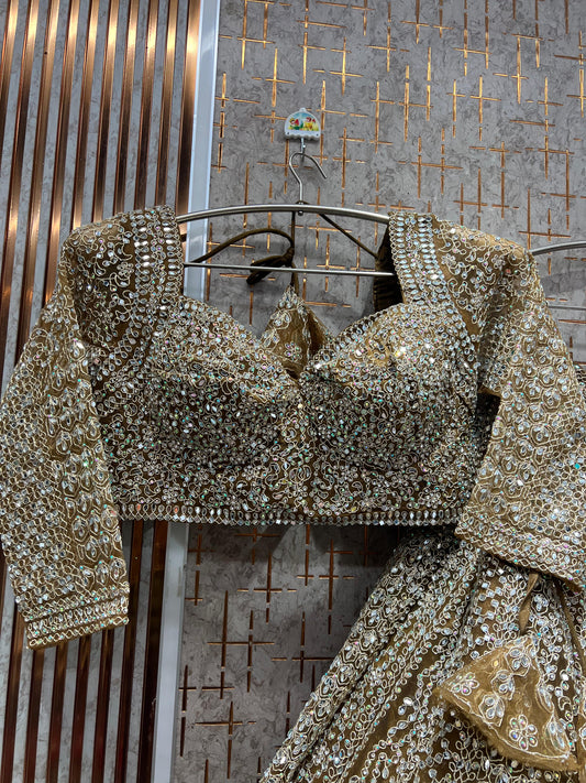 Astonishing yellow Mustard Mirror work Crop Top Lehenga