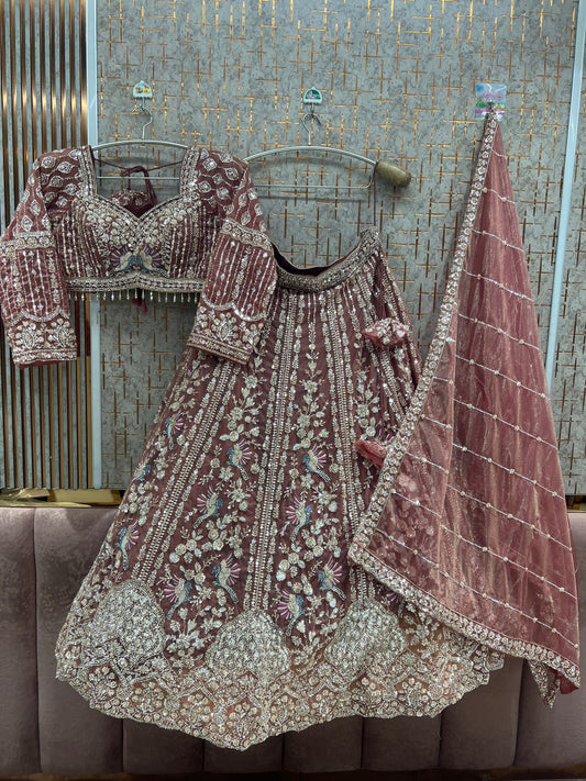 Mauve Onion Pink Peacock Crop Top Lehenga