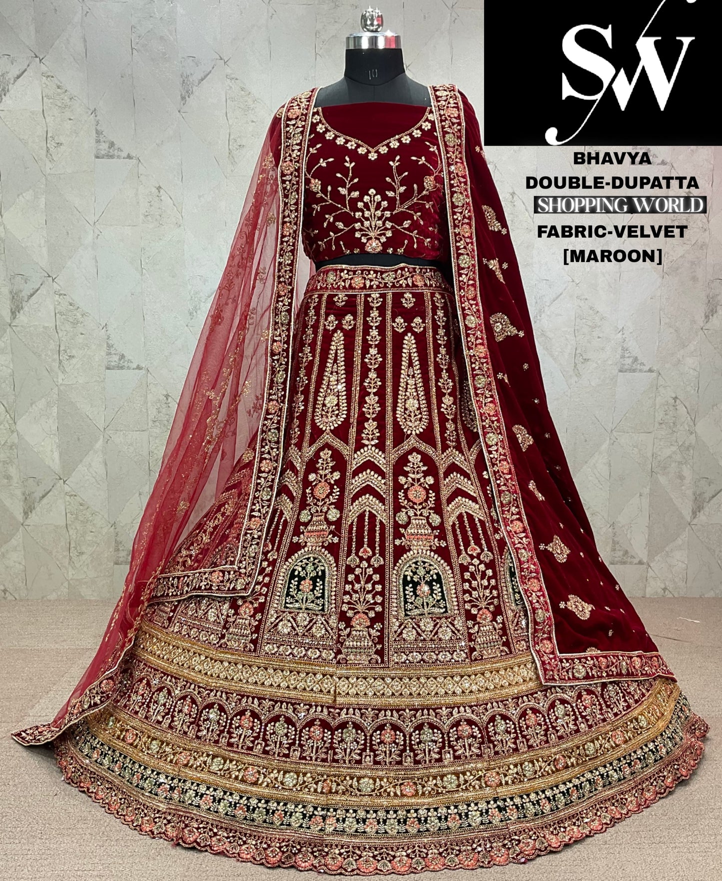 Gorgeous maroon Velvet bridal Lehenga