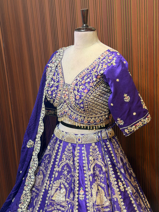 Purple golden orange crop top lehenga
