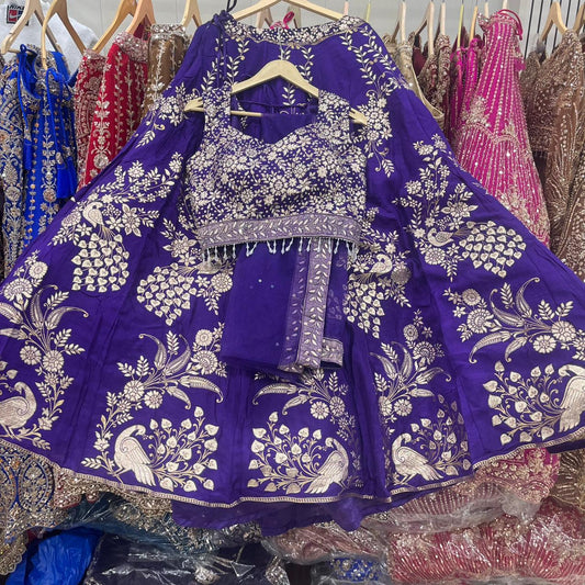 Khoobsurat Purple golden peacock crop Top Lehenga