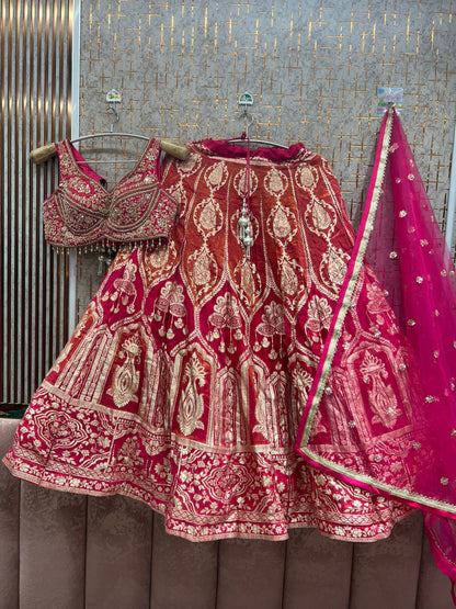 Stunning Hot pink Banarasi Crop top Lehenga