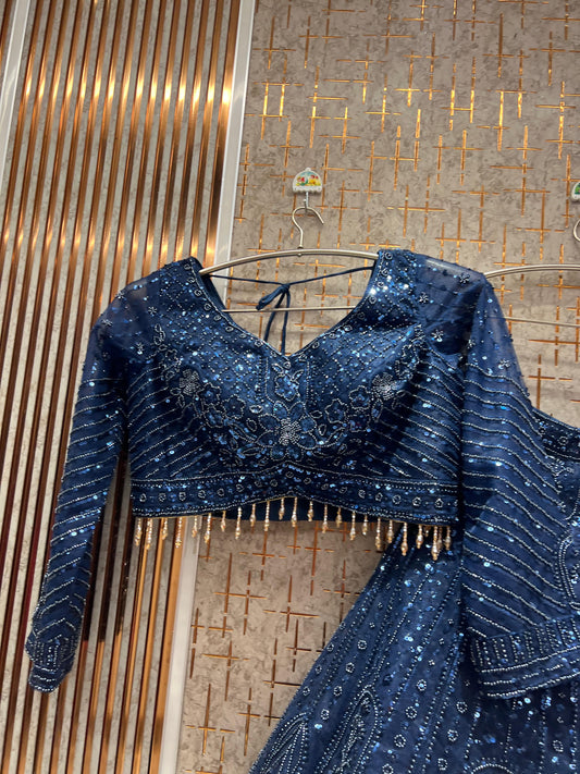 Pretty Dark Blue on Blue monotone Crop Top Lehenga