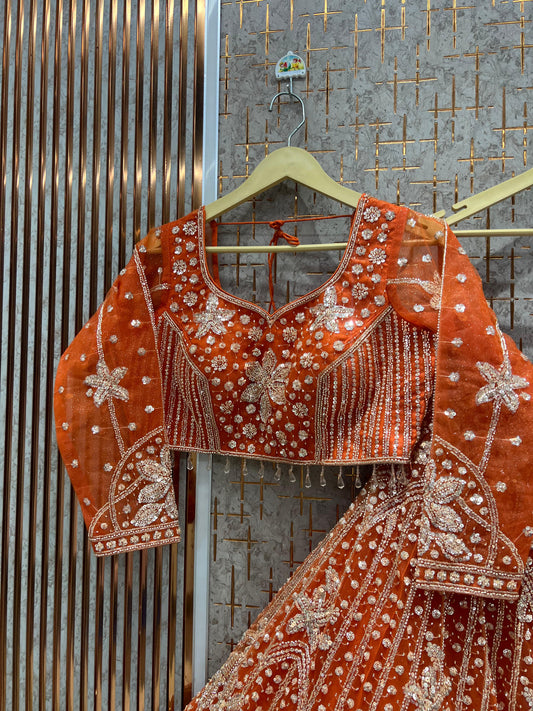 Pretty Orange Floral Crop Top Lehenga