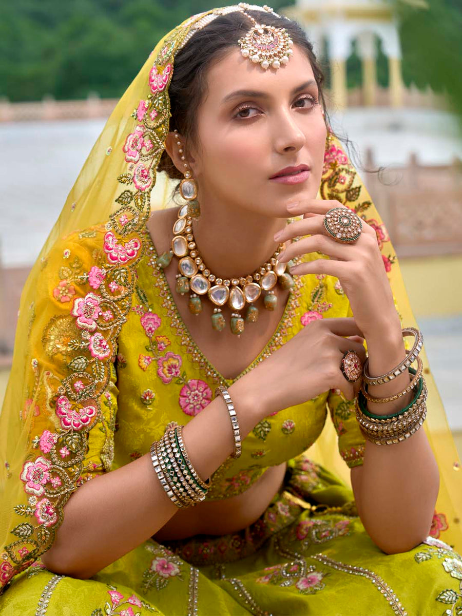 Yellow-Green Shaded Designer Embroidered Cut-Work Silk Semi Stitched Lehenga