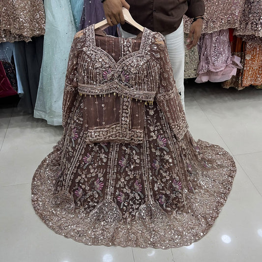 Rust Brown Peacock Crop Top Lehenga