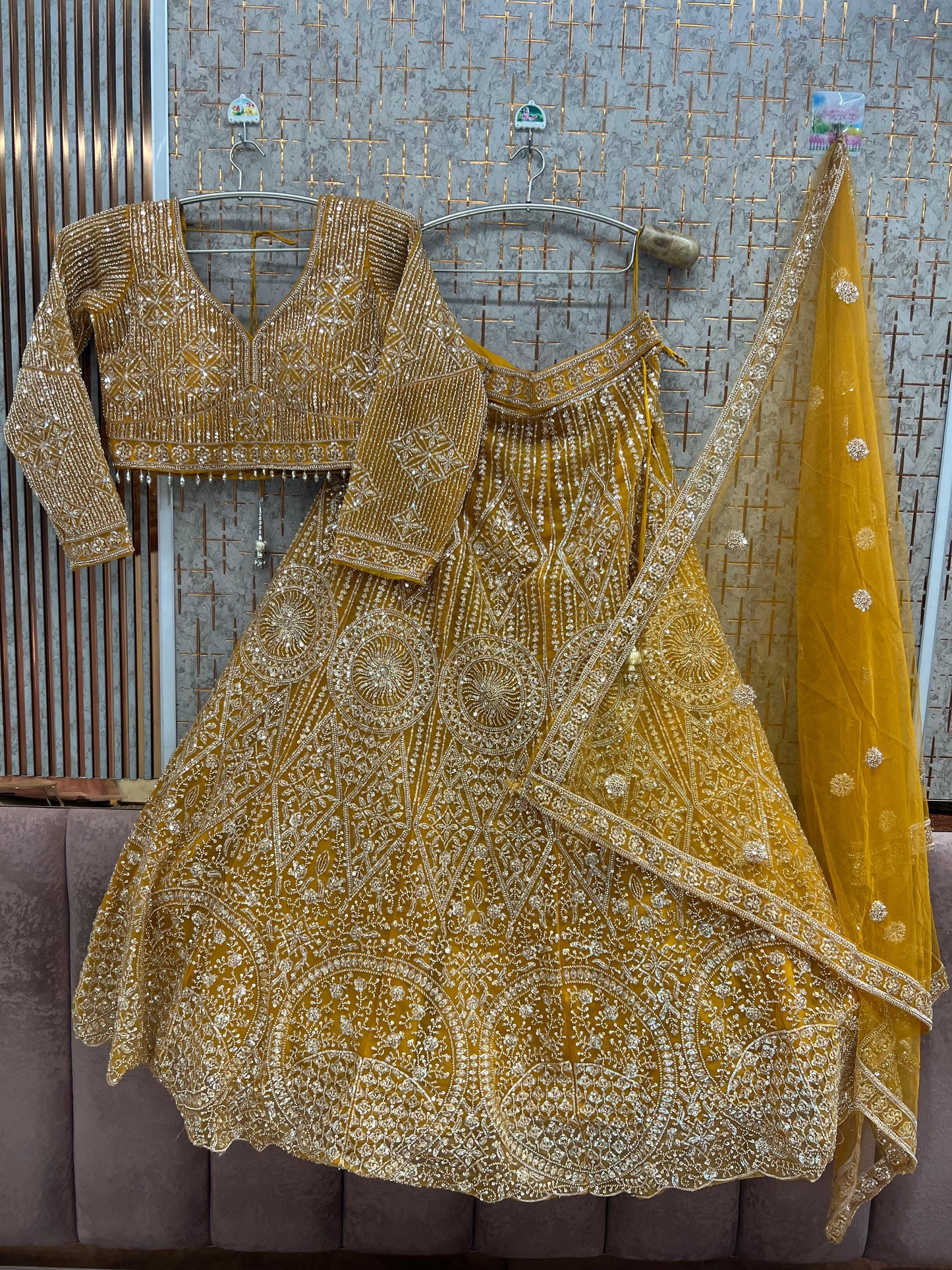 Beige Golden Crop Top Lehenga