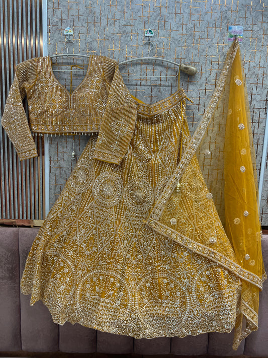 Yellow Haldi Mehendi Crop Top Lehenga