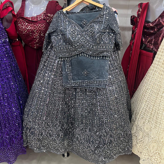 Silver Grey On Grey Monotone Crop Top Lehenga
