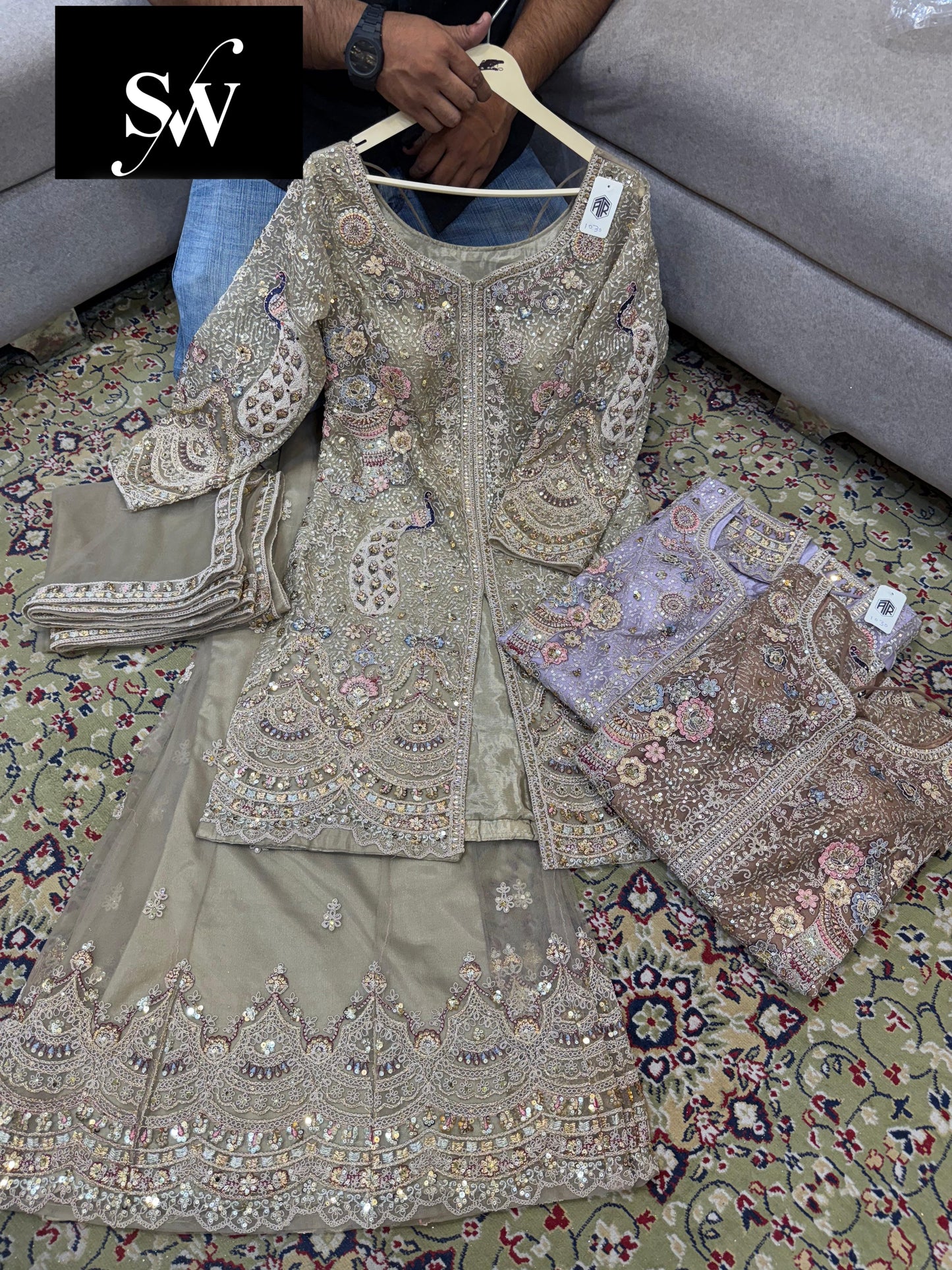 Latest trendy pista green peacock Shrug suit dress material