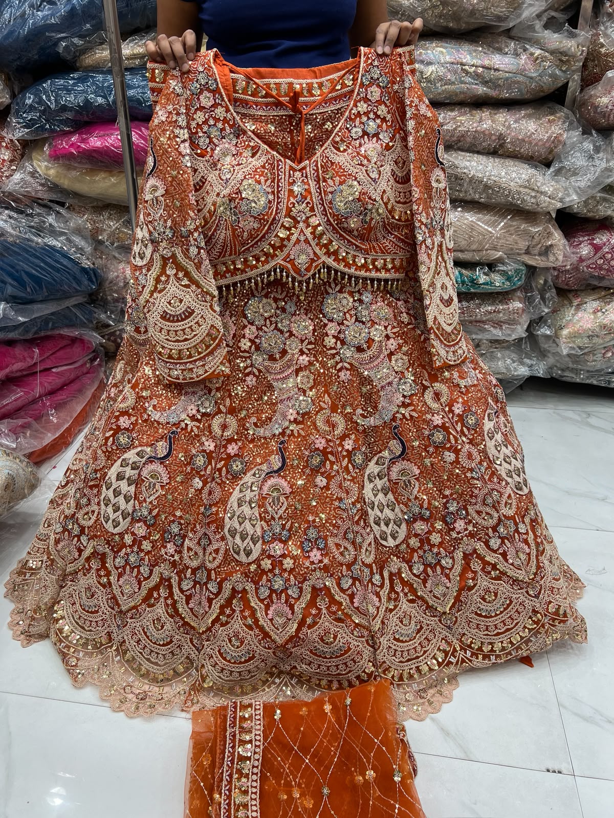 Rust Orange Peacock Crop Top Lehenga