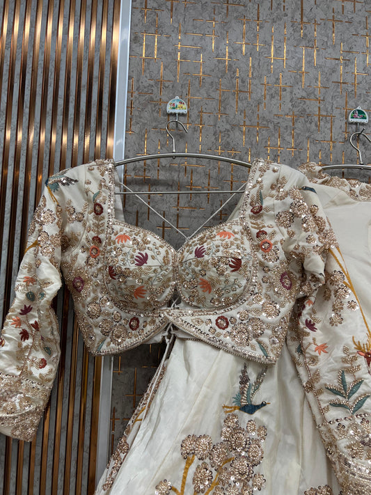 White Peacock Crop Top Lehenga