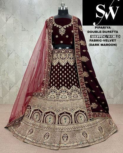 Astonishing dark maroon Velvet bridal Lehenga