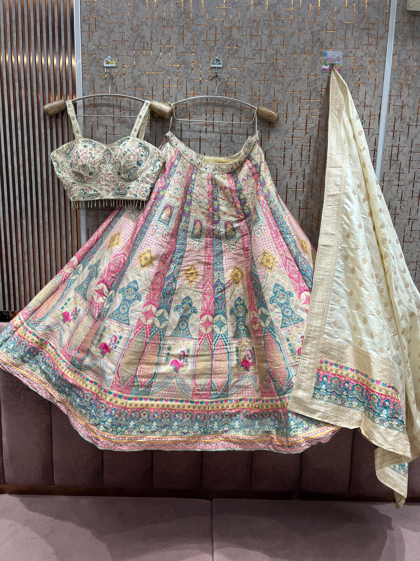 Engaging Beige pink Banarasi crop top Lehenga