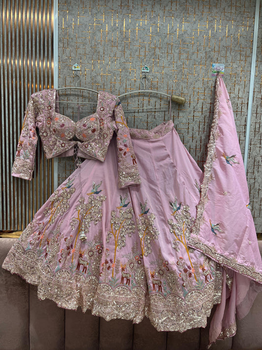 Baby Pink Peacock Crop Top Lehenga