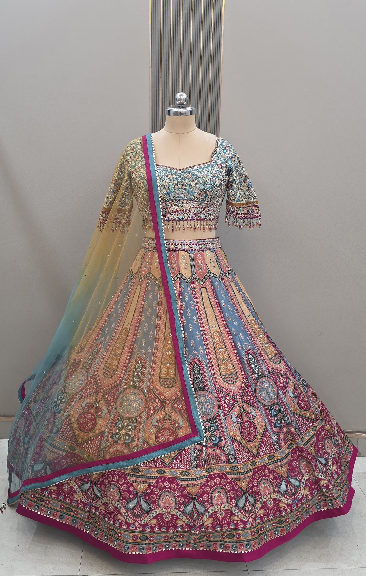 Embellished Multicolour peach Jacquard Banarasi Crop Top Lehenga