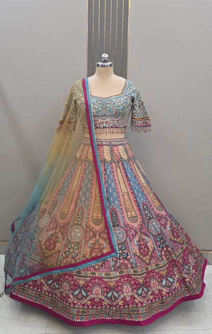 Embellished Multicolour peach Jacquard Banarasi Crop Top Lehenga