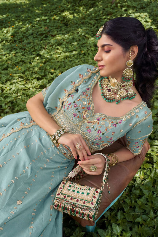 Sky Blue Tissue Fabric Bead Work Lehenga 1139
