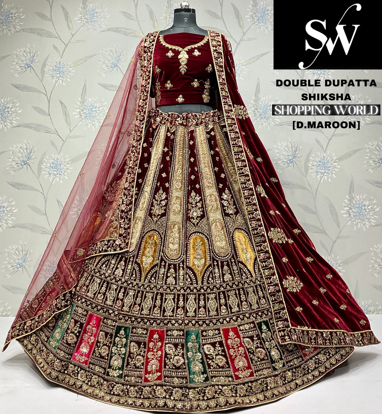 Lovely dark maroon Velvet bridal Lehenga