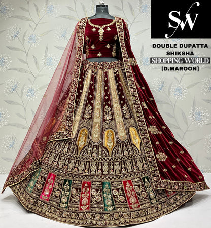 Lovely dark maroon Velvet bridal Lehenga